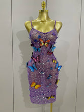 Women Celebrity Luxury Birthday Nightclub Stage Outfit 2025 New Arrival Sparkly Butterfly Purple Sexy Mesh See Through Dress